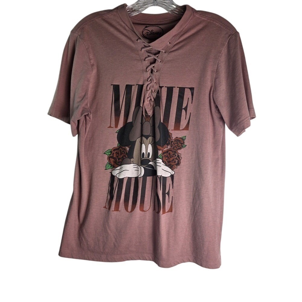 Disney Minnie Mouse Lace Up V-Neck Graphic T-Shirt Mauve Rose Women Size Large